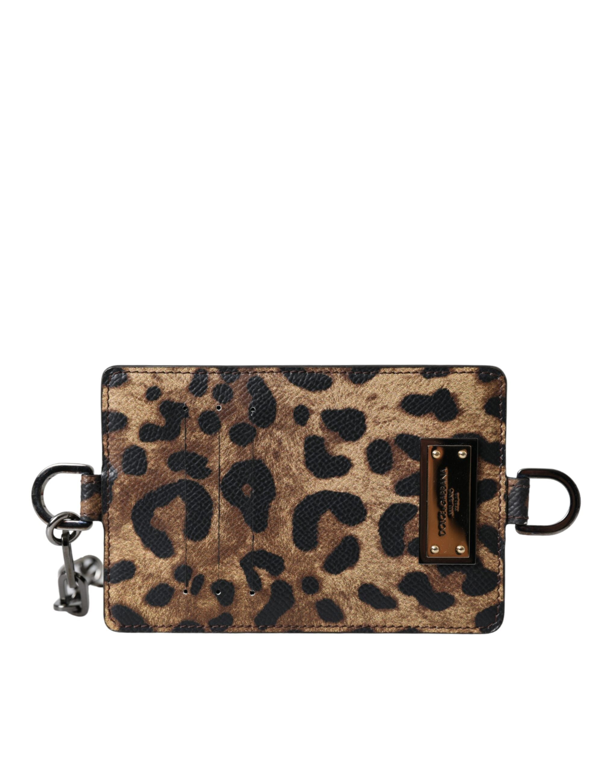 Dolce & Gabbana Kahverengi Deri Leopar Desenli Logo Plakalı Kartlık Cüzdan